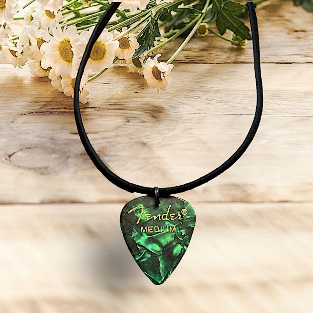 Green Guitar Pick Pendant Necklace Suede Cord Pearlescent New
